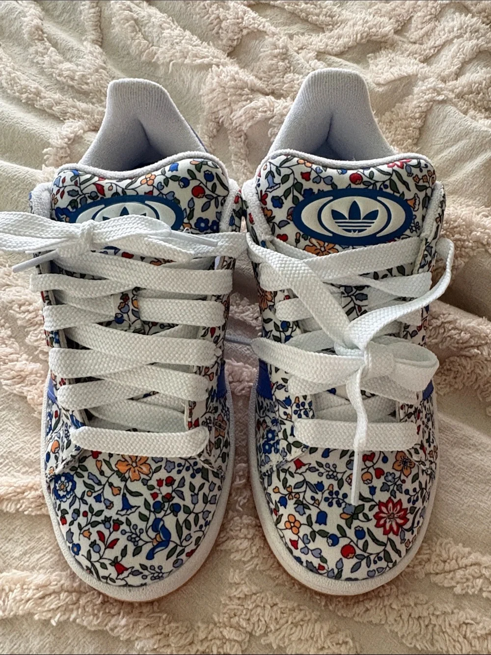 adidas Liberty London Kids White Floral Print Sneakers with Blue Trefoil